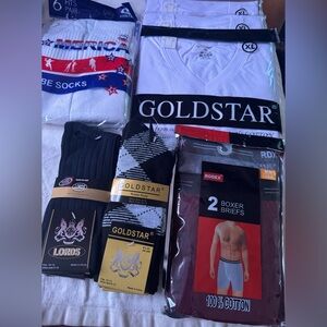 V neck t shirts, tube socks, 6 pairs dress socks, 2 pack boxer briefs